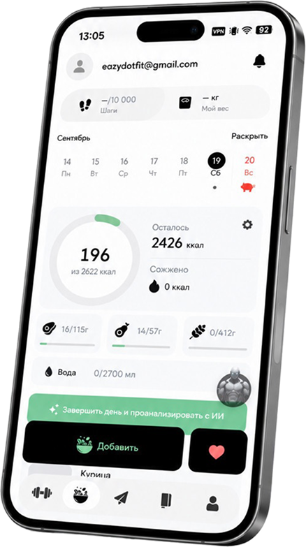 IZIFIT food diary: calories, protein, fat, carbs and water